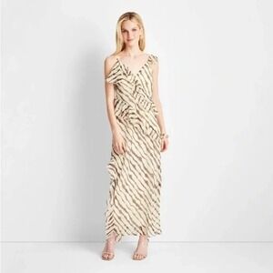 Future Collective Women's Cream/Brown Striped Ruffle Maxi Dress - XXS‎